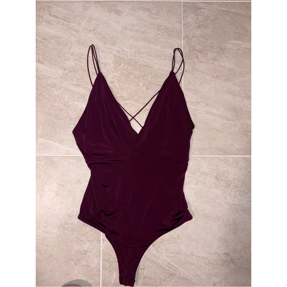 Shinestar Strappy Plunge Bodysuit - Burgundy